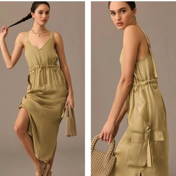 Anthropologie Dresses & Skirts - Love The Label Anthropologie Sleeveless Utility Satin Green Midi Dress Size XS